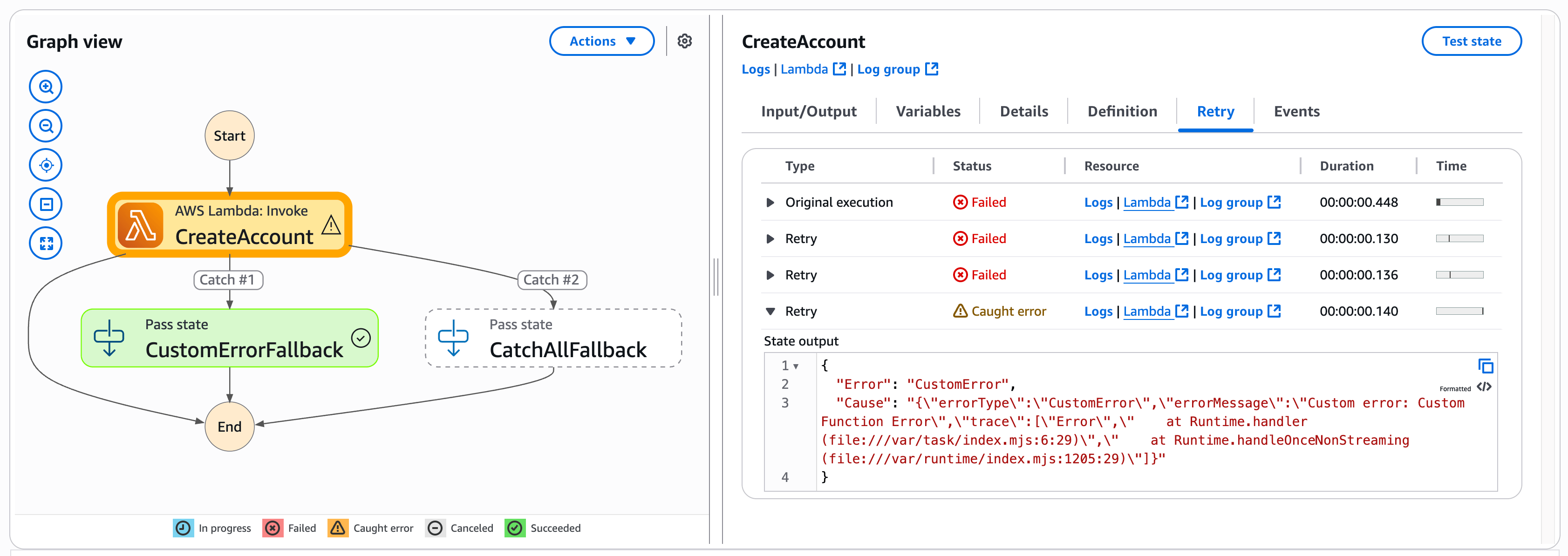 Illustrative screenshot of the workflow catching the custom error.