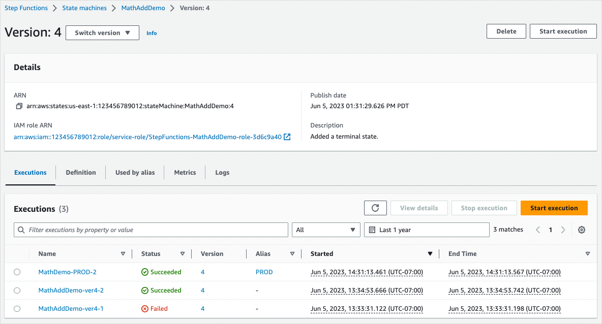 Illustrative screenshot of the state machine version details console page.