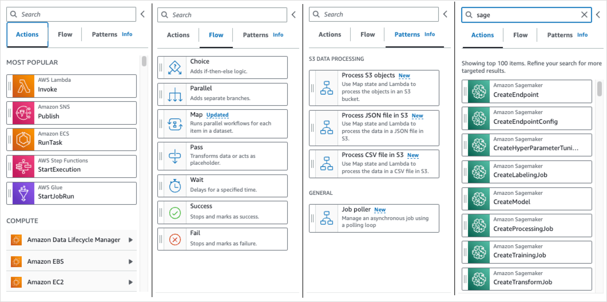 Illustrative collection of screen shots showing Actions, Flow, Patterns, and search.