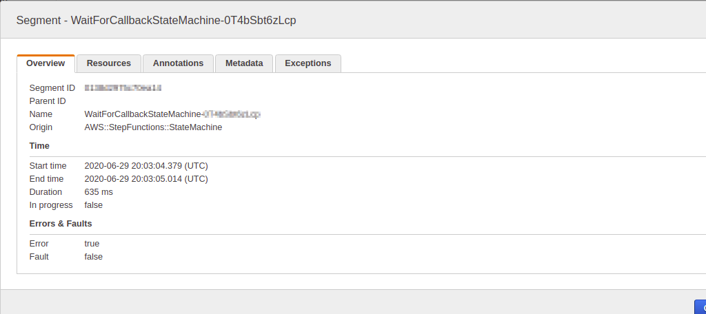 Example details for an X-Ray trace node.