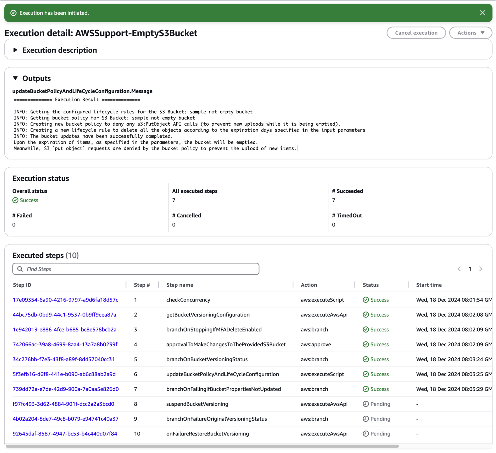 Image containing the output of the AWSSupport-EmptyS3Bucket document's execution showing successful execution and configured lifecycle policy.