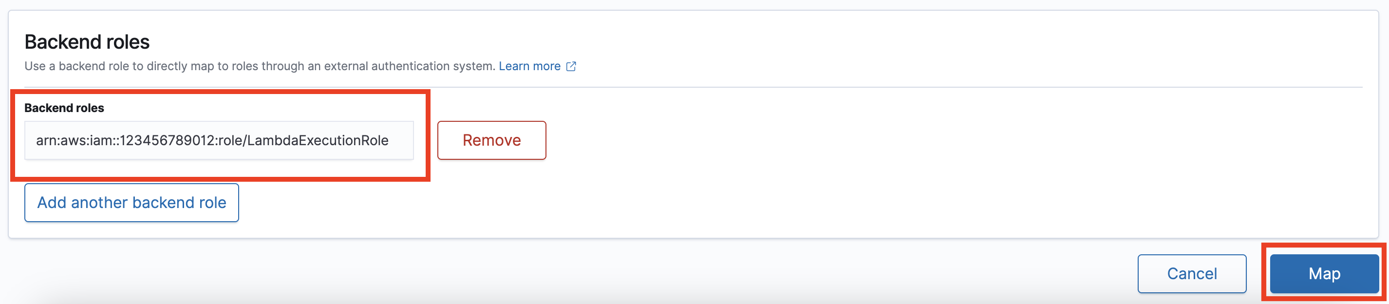 Backend roles interface showing an AWSIAM role for Lambda execution and options to remove or add roles.