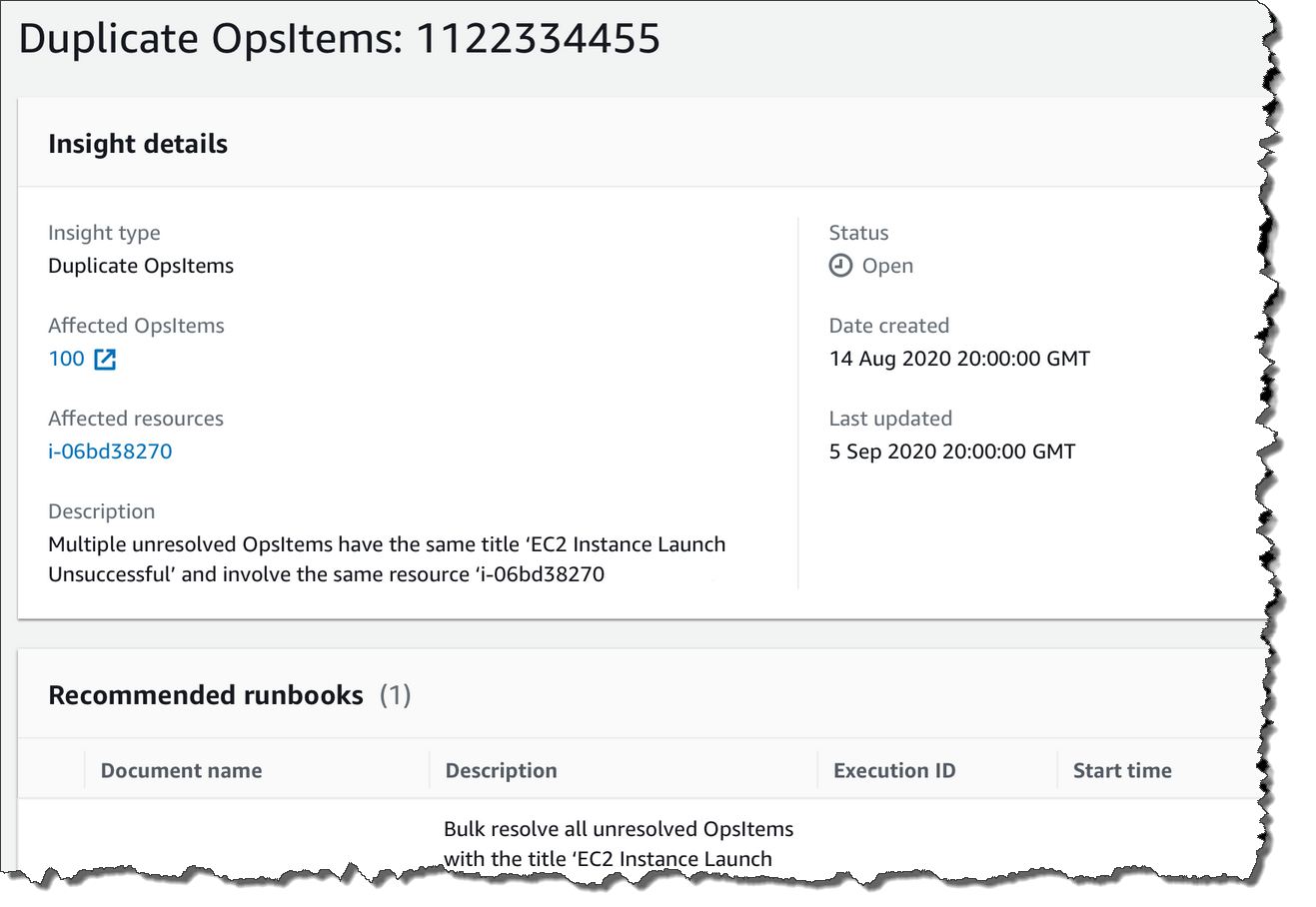 Detailed view of an OpsCenter insight with information about OpsItems.
