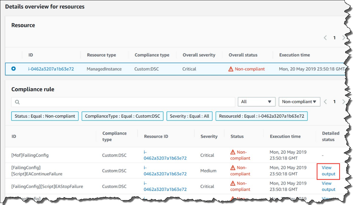 Viewing compliance details for a MOF execution resource failure