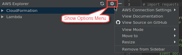 The AWS Explorer Show Options Menu.
