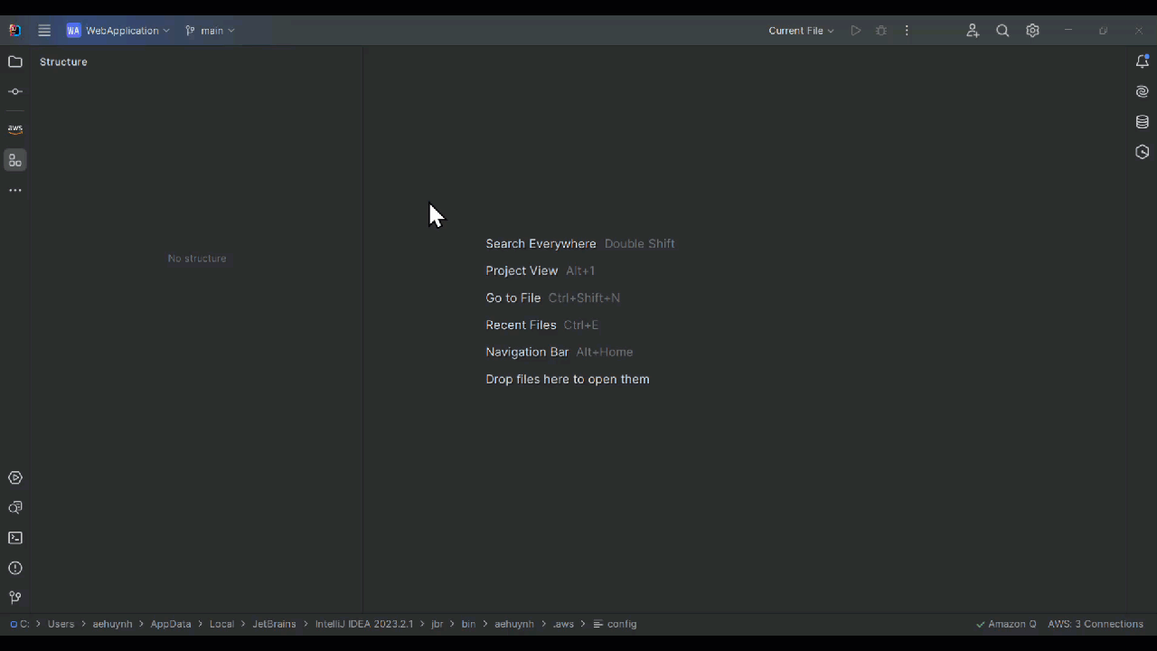 IntelliJ IDEA interface showing empty project structure and quick access options.