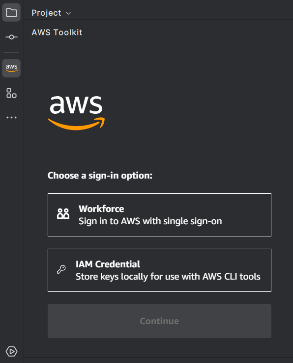 AWS sign-in panel with options for Workforce single sign-on or IAM Credential local key storage.