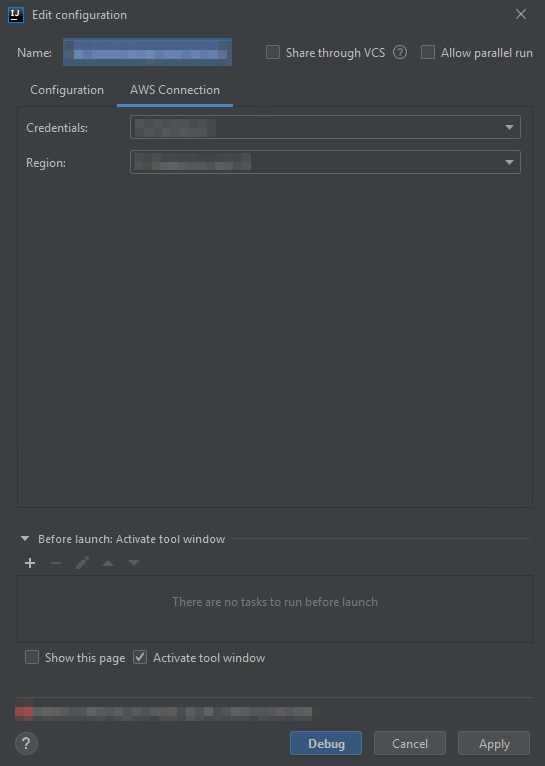 The AWS Connection tab of the Edit configuration dialog box.