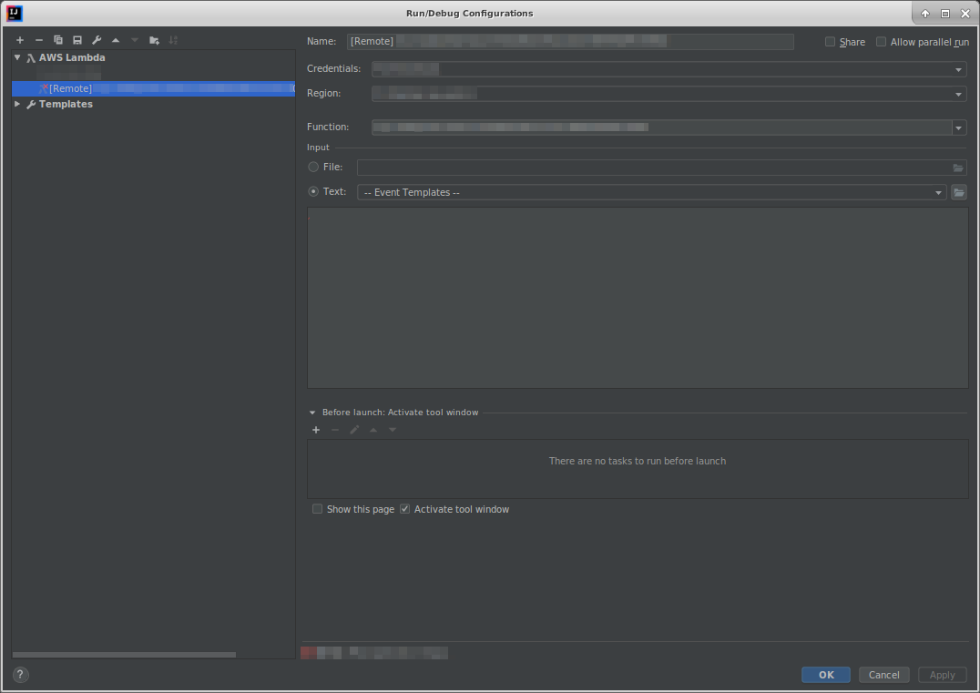 The Run/Debug Configurations dialog box for remote function settings.