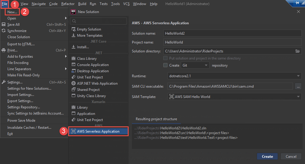 Choosing to create an AWS serverless application in JetBrains Rider