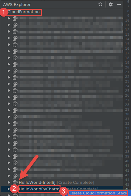 Choosing to delete the AWS CloudFormation stack for an AWS serverless application starting from AWS Explorer