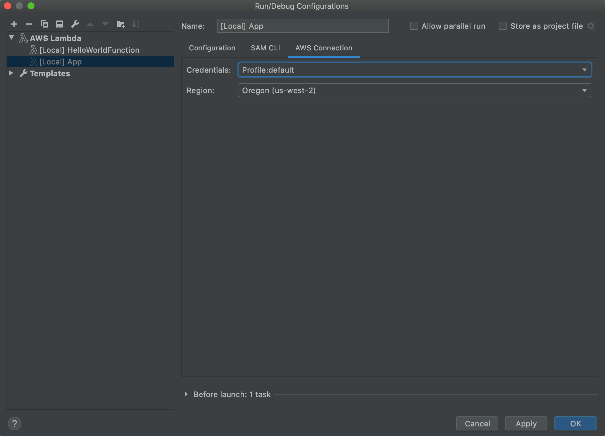 The AWS Connection tab of the Run/Debug Configurations dialog box for local function settings.