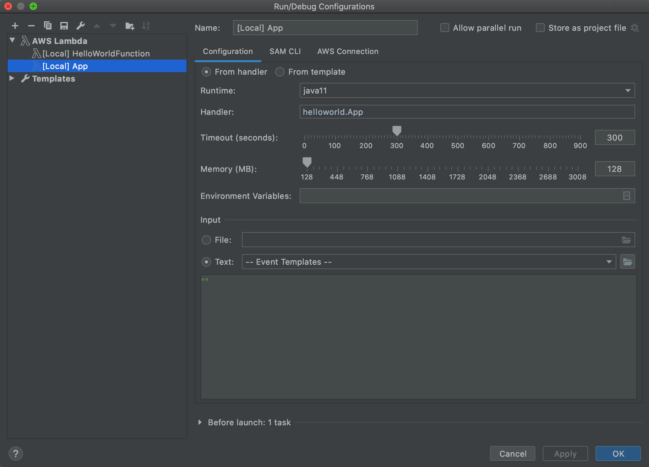 The Configuration tab of the Run/Debug Configurations dialog box for local function settings.