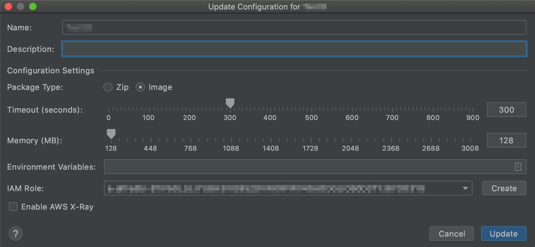 The Update Configuration dialog box for Image applications.