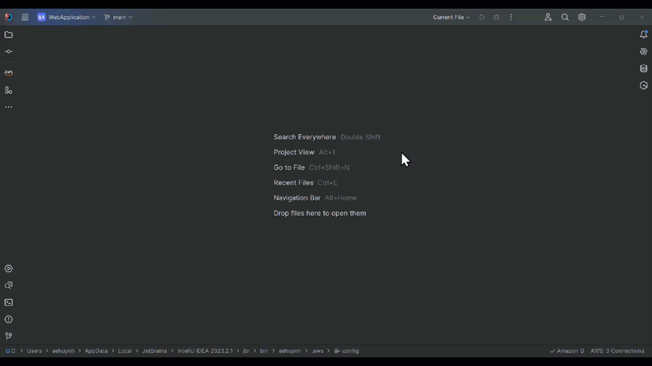 IDE interface showing search options, project view, and file navigation shortcuts.
