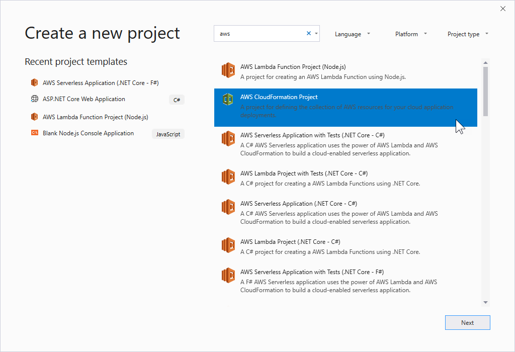Project template options for AWS services, including Lambda, CloudFormation, and Serverless applications.