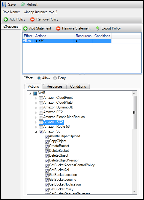 Policy editor interface showing allowed actions for Amazon S3 in the winapp-instance-role-2 role.
