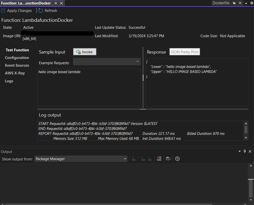 The Test Function tab of the published Function view page has button to manually invoke Lambda method.