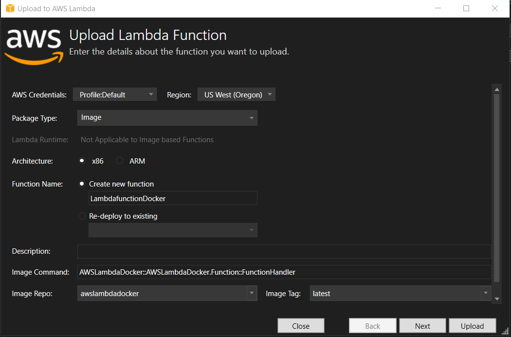 Upload screen for publishing image-based Lambda function to AWS
