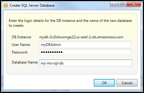 Dialog box for creating SQL Server database with fields for DB instance, username, password, and database name.
