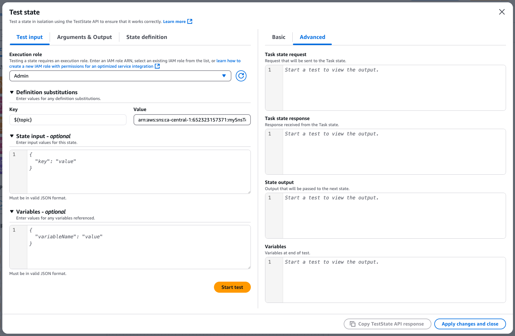 The Workflow Studio test state UI in the AWS Toolkit