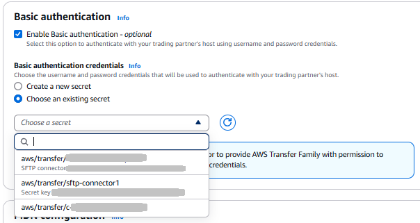 The Create connector page in the AWS Transfer Family console, showing the Basic authentication section with Choose an existing secret chosen.
