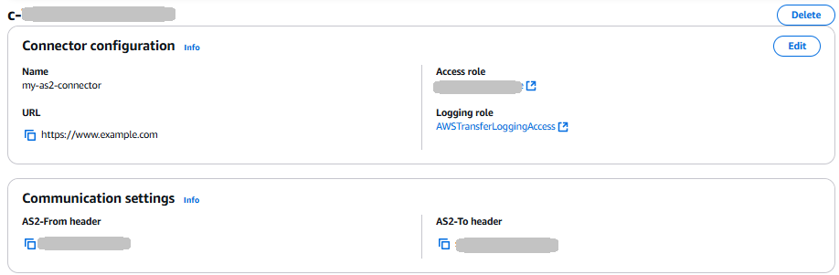 The Transfer Family console connector details page, showing the URL, access role, and logging role for the selected connector.