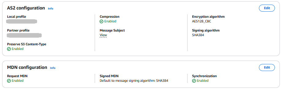 The Transfer Family console connector details page, showing the AS2 configuration details for the selected connector.