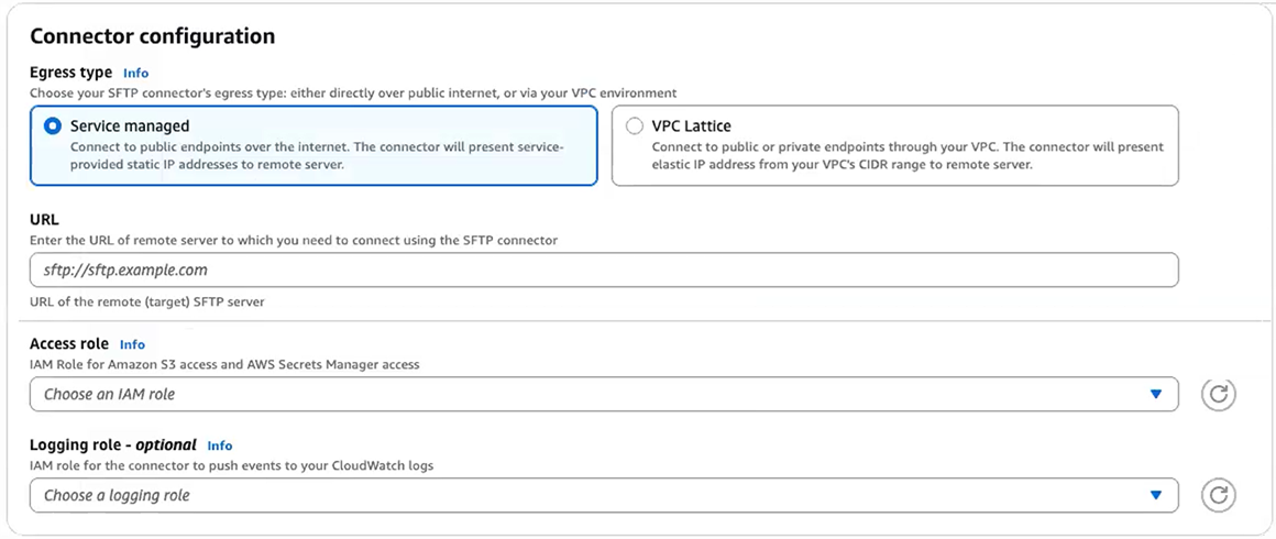 The Transfer Family SFTP connector console, showing the Connector configuration settings.