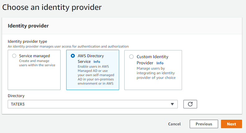 Console screenshot showing Choose identity provider section with Directory Service selected.