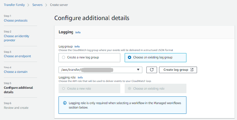 Logging pane for Configure additional details in the Create server wizard. Choose an existing log group is selected.