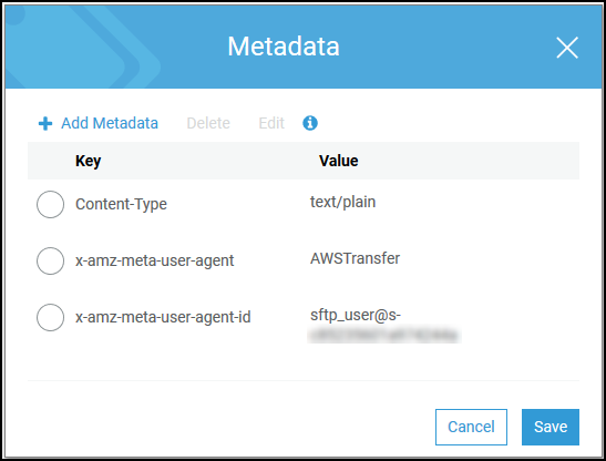 The Metadata screen displaying information about Amazon S3 object metadata for AWS Transfer Family.