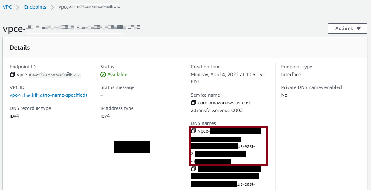 The Amazon VPC console Endpoints page, showing the DNS names for a selected endpoint.