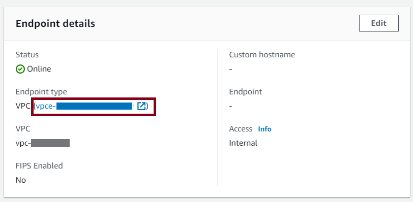 The Transfer Family console server details page, showing the Endpoint details for a VPC server.