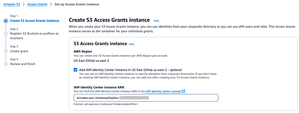 Screen showing the Amazon S3 Create Access Grants instance dialog with example values.