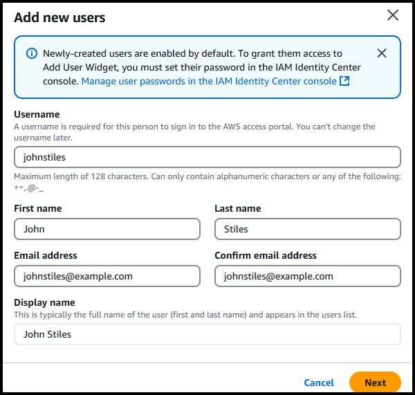 Screen showing the Add new users dialog.