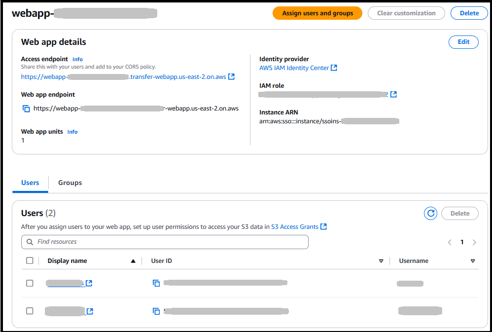Screen showing the details for a selected web app.