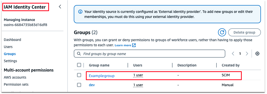 IAM Identity Center showing example group integrated from Okta