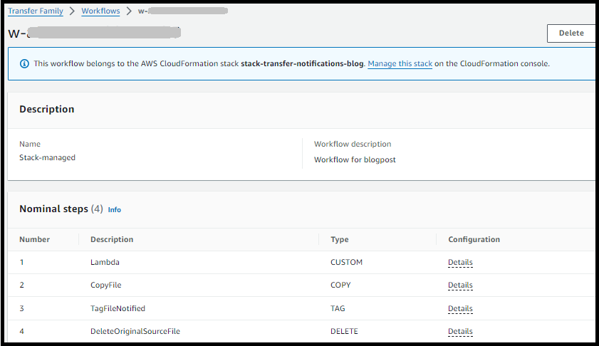 The Workflows details screen for a workflow that is part of an AWS CloudFormation stack, showing the message that you manage this workflow in CloudFormation.