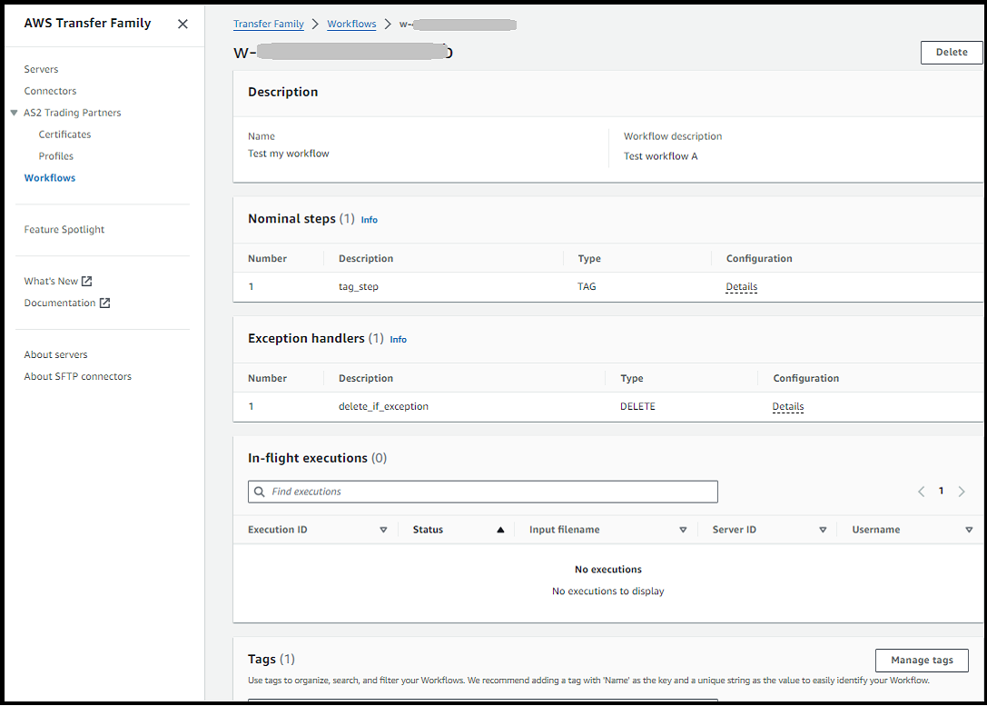 The Workflows detail screen for a Transfer Family workflow, showing the description, steps, exception handlers, and in-flight executions.