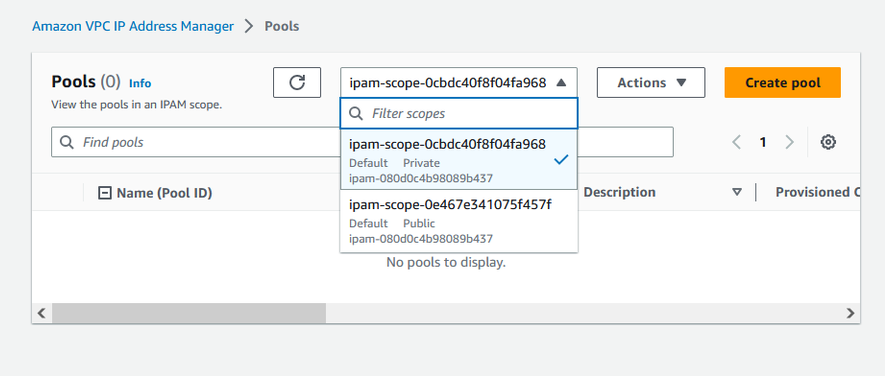 Choosing the private scope in the IPAM console.