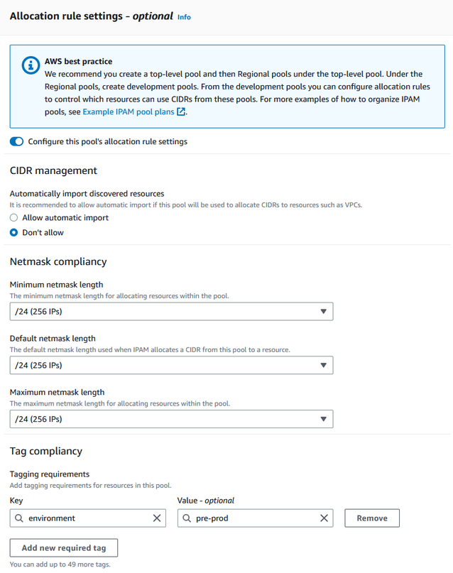 View of all pool settings when creating a pool in the IPAM console.