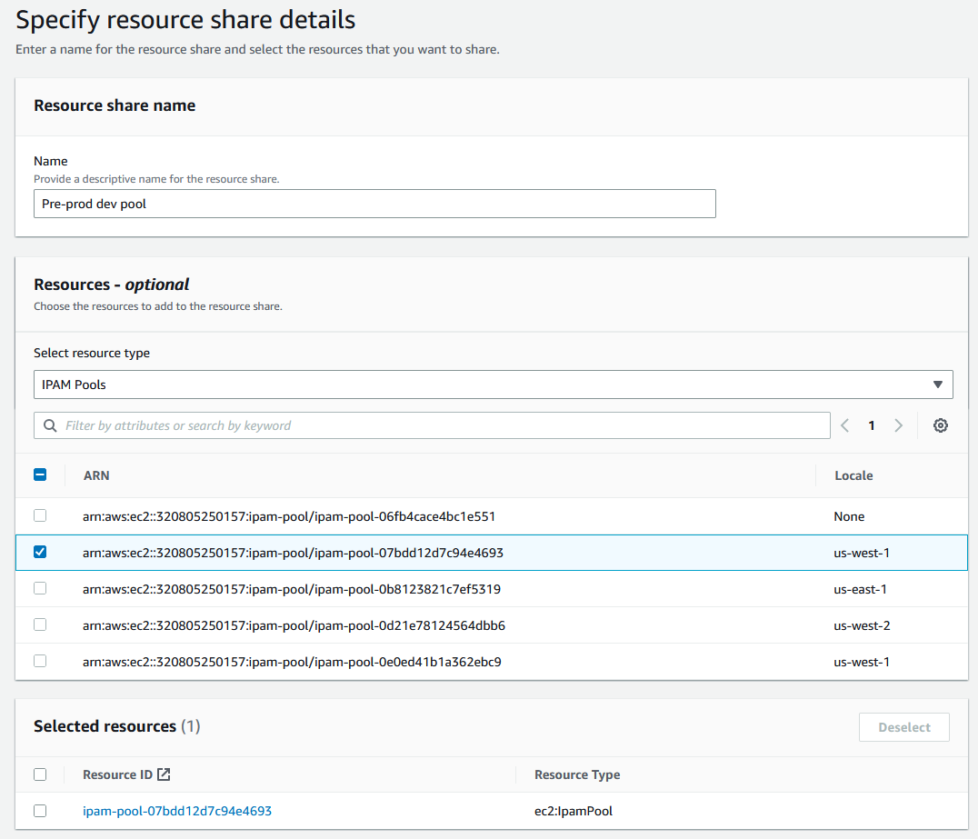 Creating a resource share in the AWS RAM console.