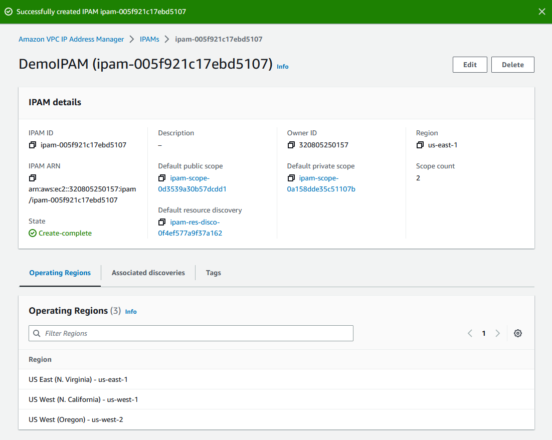 The result page in the IPAM console after you successfully create an IPAM.