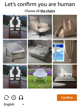 A screen contains the title "Let's confirm you are human" and the text "Choose all the chairs". Below the text is a 3x3 grid of images, some of which contain chairs and others that contain non-chair objects, like beds and windows. At the bottom of the screen are options to load a different puzzle, toggle the information box into and out of view, toggle to an audio puzzle, and change the language. Also at the bottom is the button "Confirm".