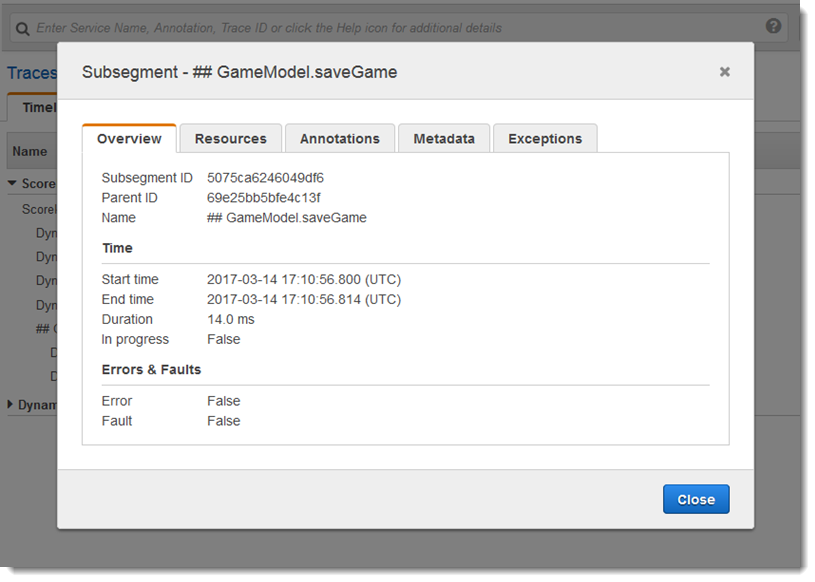 Overview information about a subsegment including ID, parent ID, Name, times, errors, and faults.